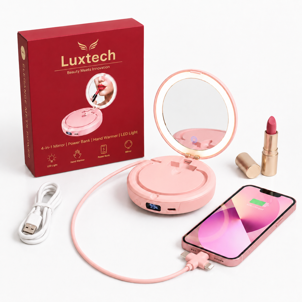 Lusterko do Makijażu LED 4w1 Power Bank Podgrzewacz do Rąk idealny prezent